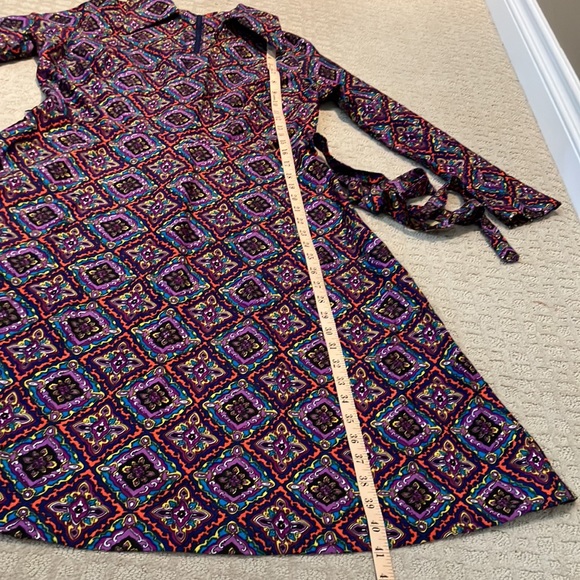 🦩Vintage purple navy yellow blue orange white teal patterned dress w/collar - Picture 9 of 12